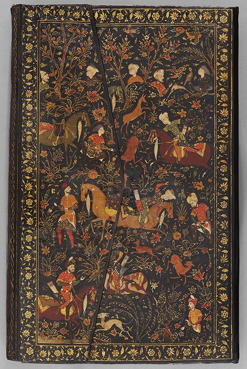 Closed bookbinding, dark brown leather with thin gold boarder with gold floral design; painted with a forest-scene filled with hunting horsemen, hounds, falcons, deer, ducks, and a lone musician on front cover and flap.   